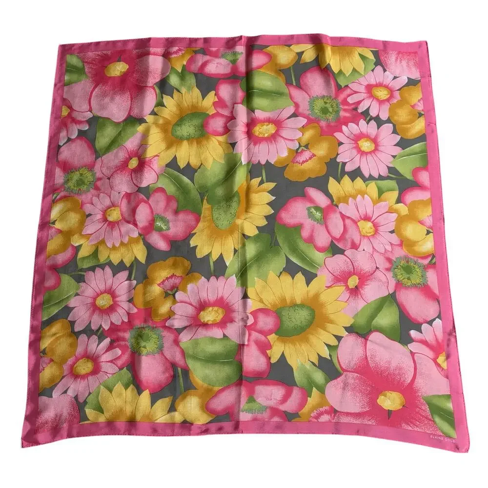 Colorful silk scarf by Elaine Gold vintage 80s large square peachy flower power